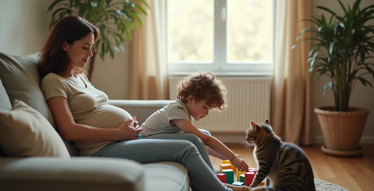 Eine schwangere Frau sitzt auf einem Sofa, während ein Kind spielt und eine Katze in sicherer Entfernung ruht, was gesunde Hygienegrenzen in einer Familie darstellt.