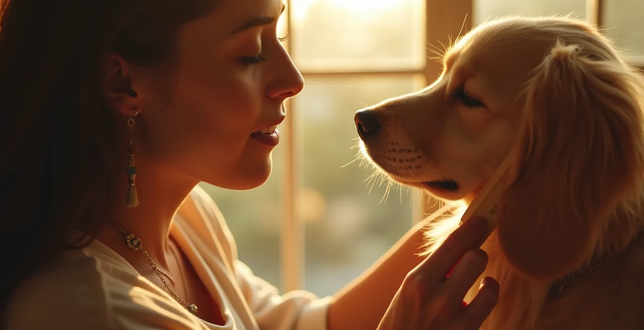 Inniger Moment zwischen Mensch und Tier während der achtsamen Fellpflege