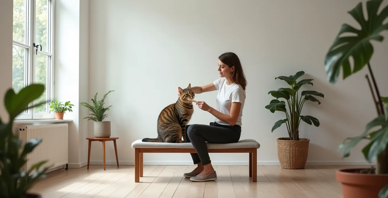 Katze genießt Fellpflege in entspannter häuslicher Atmosphäre