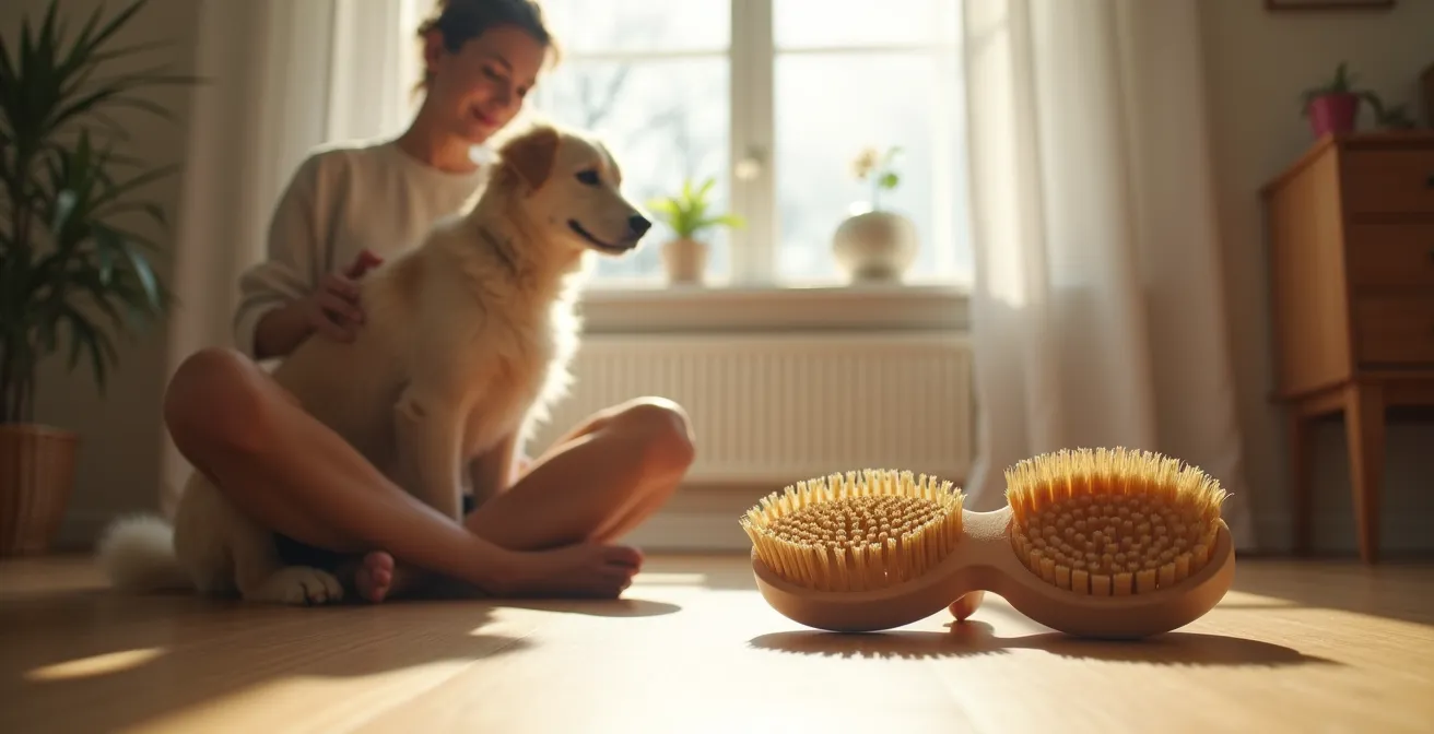Ruhige Fellpflege-Szene zwischen Mensch und Tier in entspannter Atmosphäre
