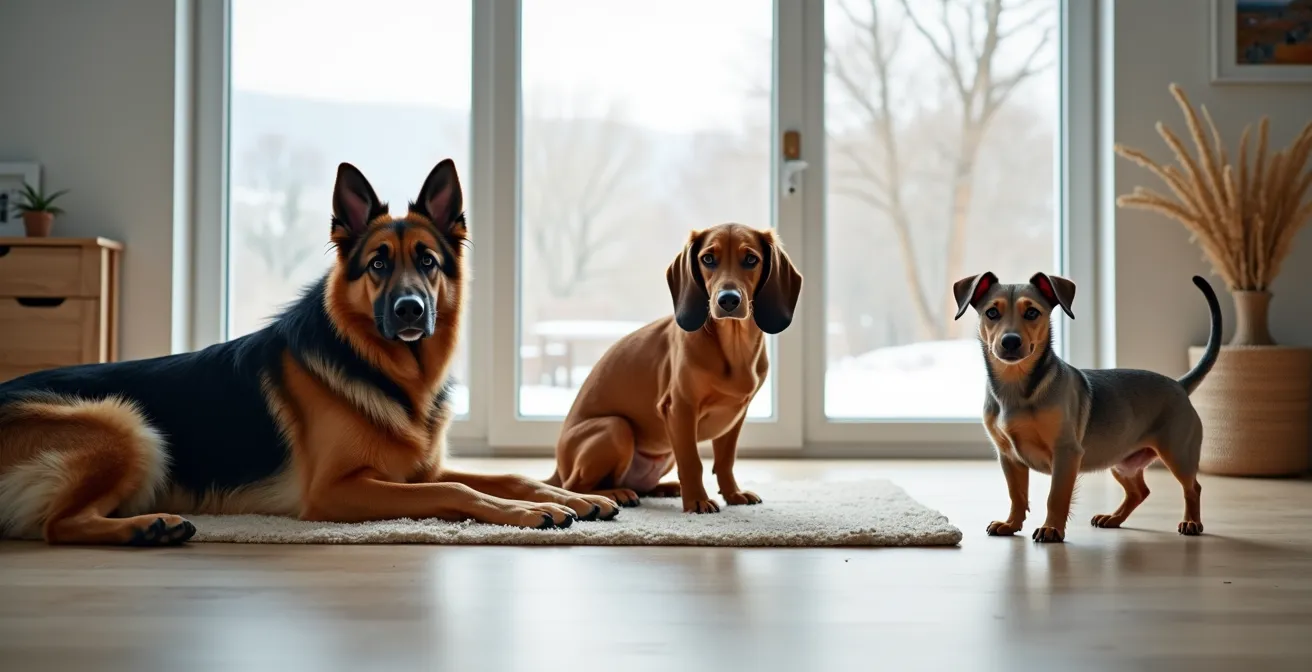 Verschiedene deutsche Hunderassen während des Fellwechsels mit unterschiedlichen Felltypen