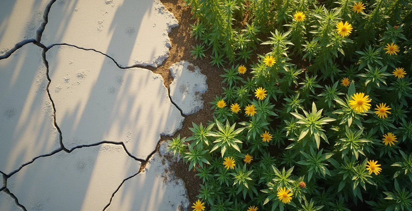 Dramatischer Kontrast zwischen versiegelter Betonfläche und naturbelassenem Grünland