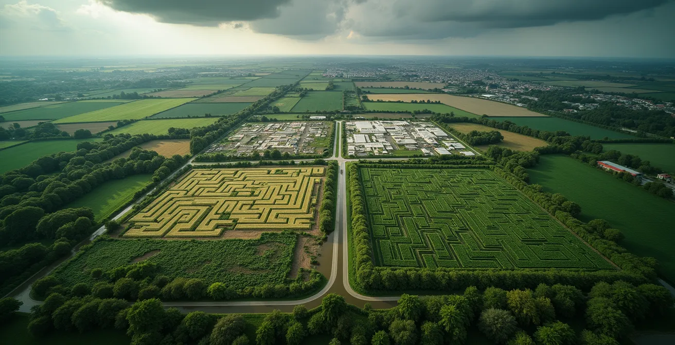 Fünf symbolische Schatten über einer fragmentierten Landschaft, die die Hauptursachen des Artensterbens darstellen