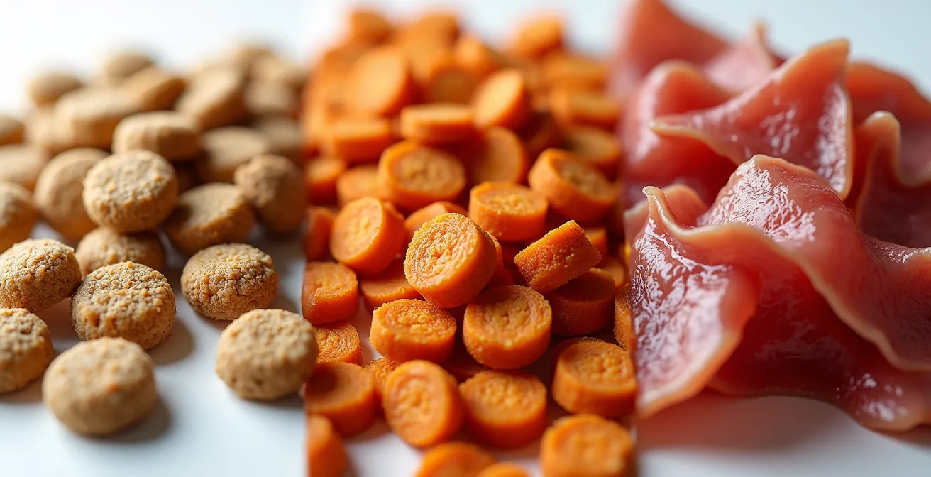 Makroaufnahme verschiedener Futtertexturen nebeneinander: Trockenfutter, Nassfutter und rohes Fleisch mit Gemüse.