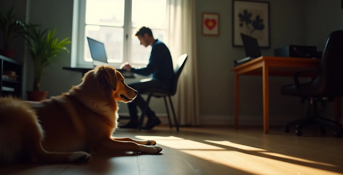 Ein gelangweilter Hund liegt neben seinem im Homeoffice arbeitenden Besitzer und schaut sehnsüchtig aus dem Fenster.