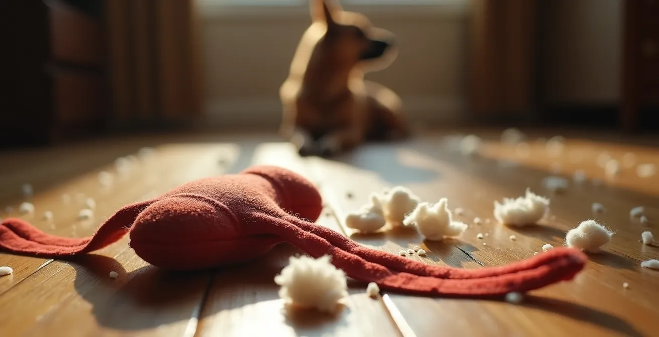 Nahaufnahme eines zerrissenen Hundespielzeugs mit verschwommenem Hund im Hintergrund