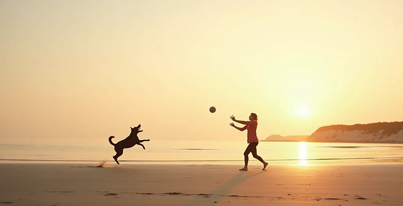Weite Landschaftsaufnahme mit Mensch und Hund beim gemeinsamen Spiel