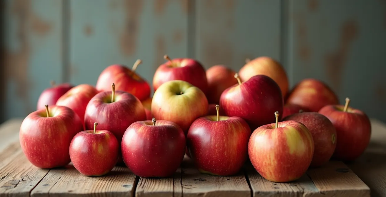 Verschiedene historische deutsche Apfelsorten arrangiert auf Holztisch, zeigt die genetische Vielfalt der Kulturpflanzen