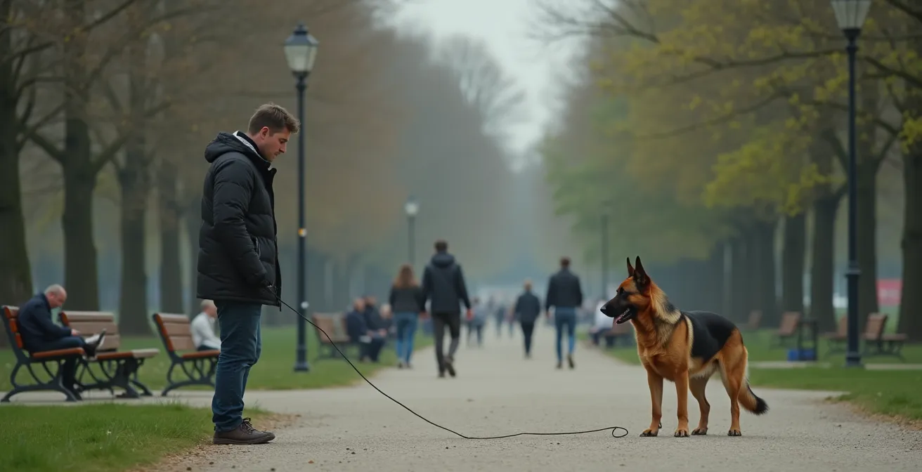Überforderter Hundebesitzer beim missglückten Training im städtischen Park