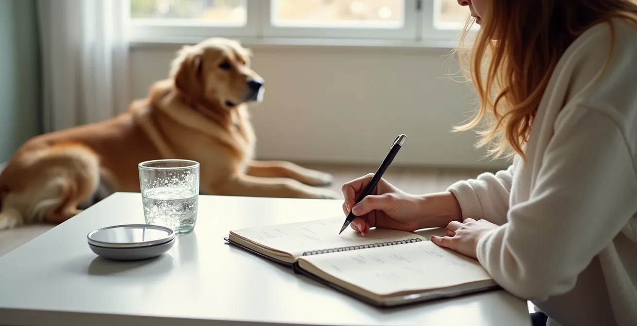 Ein Tierhalter trägt sorgfältig Beobachtungen zum Gesundheitszustand seines Tieres in ein Tagebuch ein, um Muster zu erkennen.