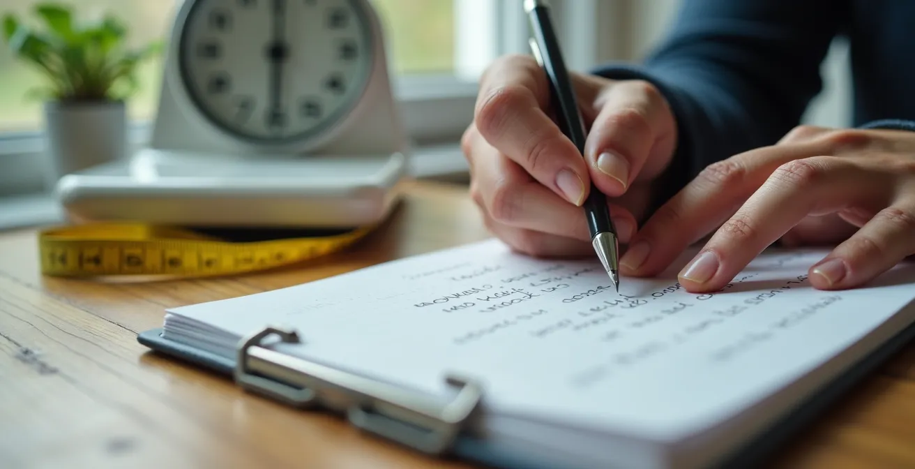 Detailaufnahme von Händen, die mit einem Stift Gesundheitsbeobachtungen eines Haustieres in ein Notizbuch eintragen.