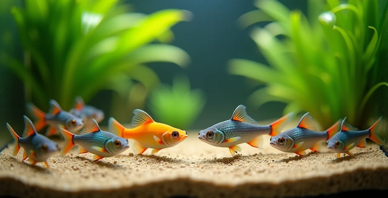 Friedliche Fischgemeinschaft in natürlich gestaltetem Aquarium, in dem verschiedene Fischarten wie Neonsalmler und Panzerwelse harmonisch zusammenleben.