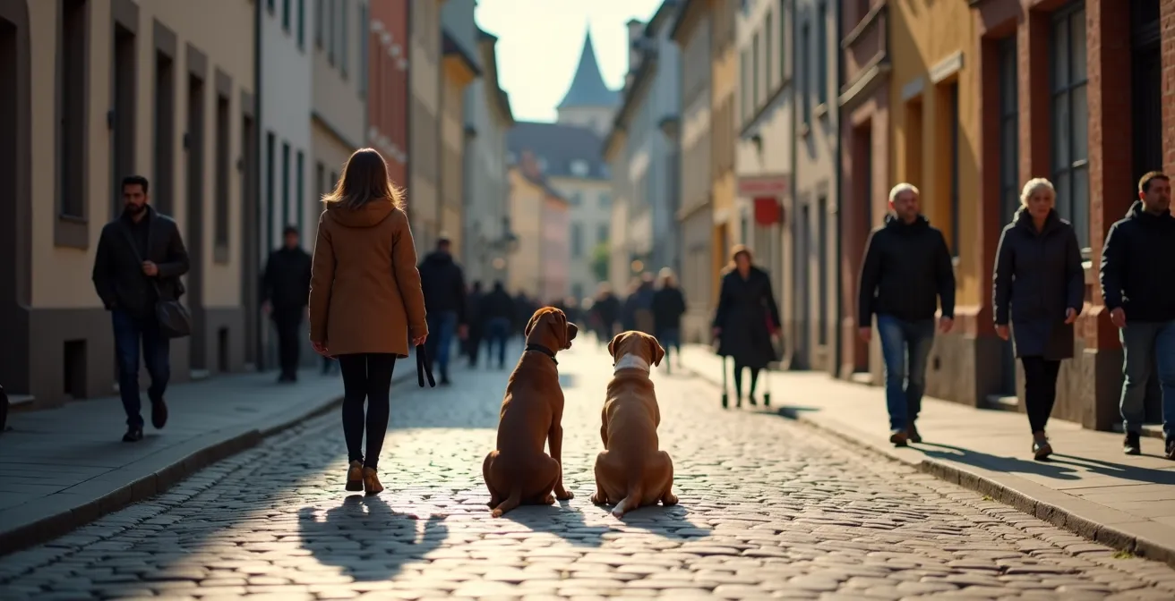 Friedliches Miteinander von Hundehaltern und Passanten in einer deutschen Innenstadt, was gegenseitigen Respekt symbolisiert.