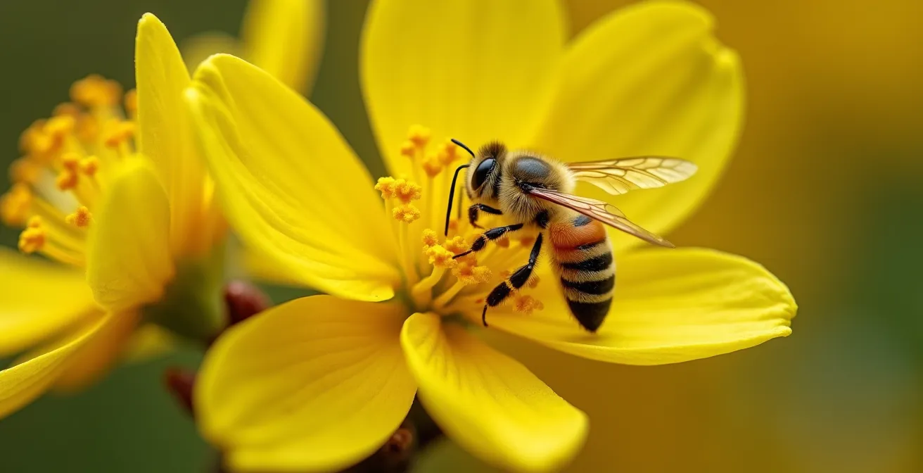 Nahaufnahme von Kornelkirschenblüten mit bestäubenden heimischen Wildbienenarten