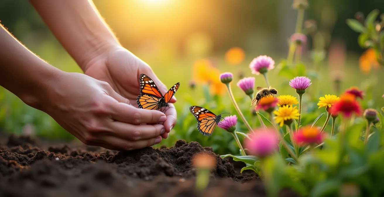 Blühende heimische Wildpflanzen mit Schmetterlingen und Wildbienen im naturnahen Garten