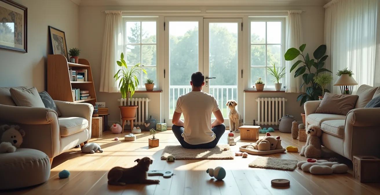 Überbesorgte Tierhalterin umgeben von unzähligen Haustierprodukten in einem modernen Wohnzimmer, wirkt erschöpft.