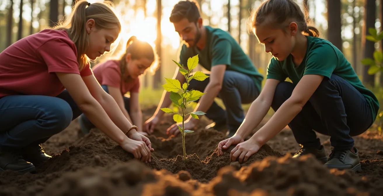 Menschen pflanzen gemeinsam Bäume in wiederhergestelltem Waldgebiet