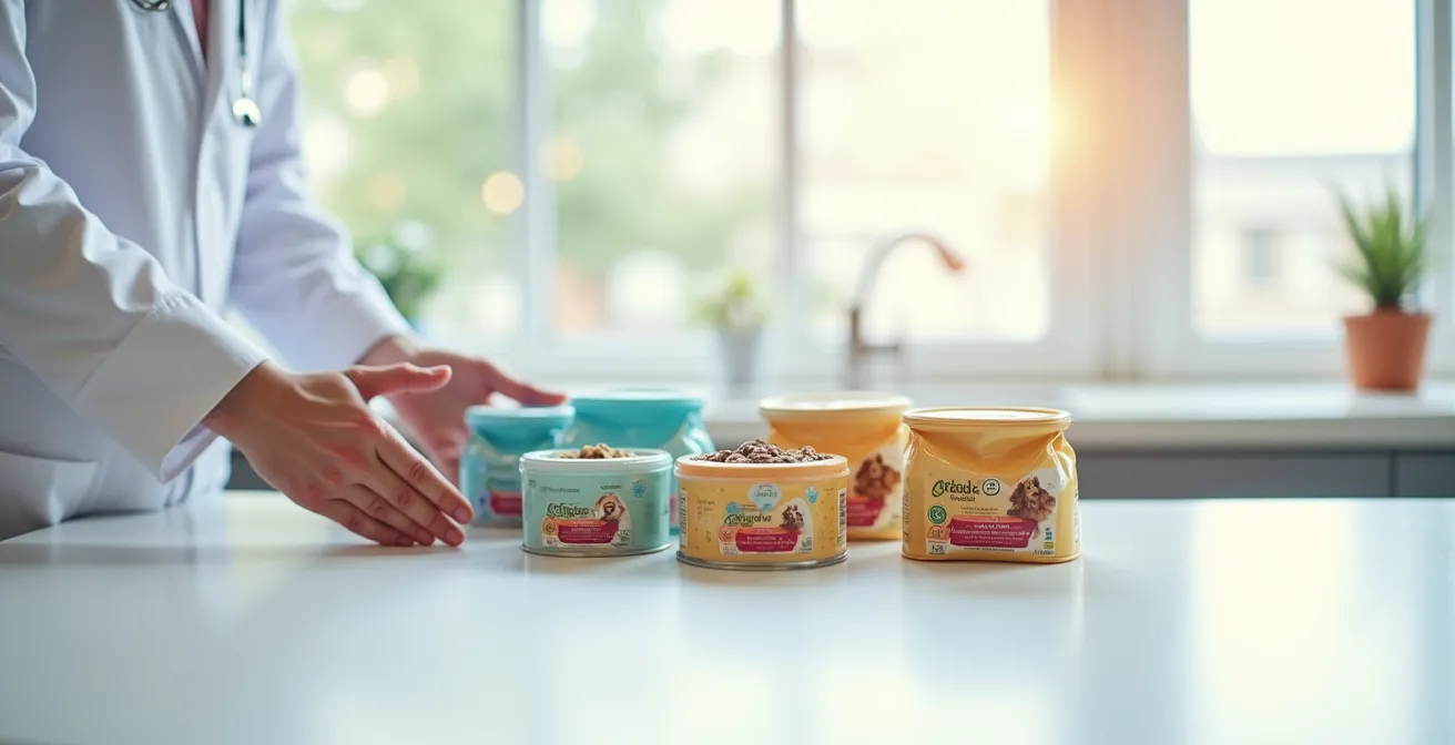 Tierernährungsberater zeigt verschiedene Monoprotein-Futtersorten in einer professionellen Beratungssituation