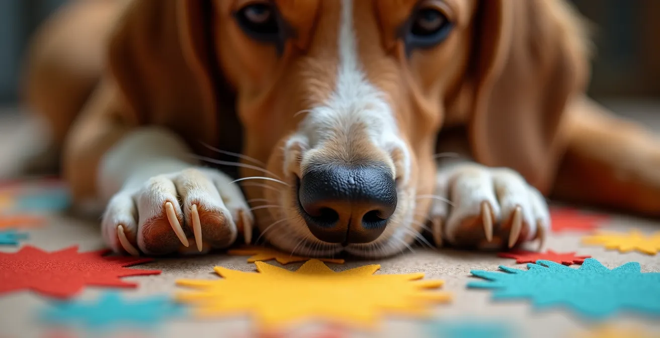 Nahaufnahme eines Hundes beim Lösen eines Intelligenzspielzeugs, bei dem er mit der Nase Leckerlis in einem bunten Schnüffelteppich sucht.