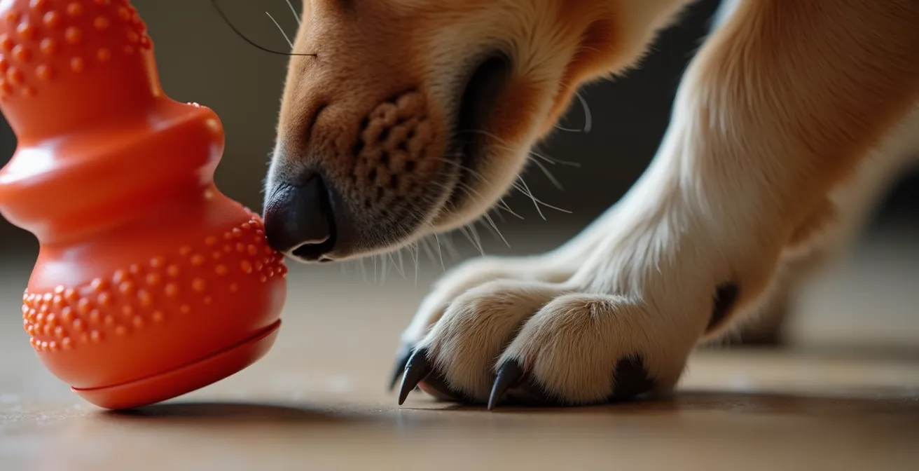 Neugieriger Hund erkundet selbstständig interaktives Spielzeug