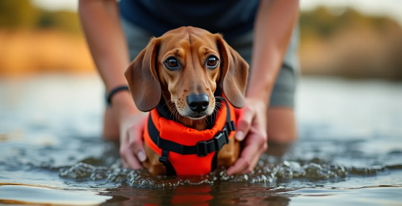 Dackel mit Schwimmweste übt erste Schwimmzüge im flachen Wasser des Müggelsees