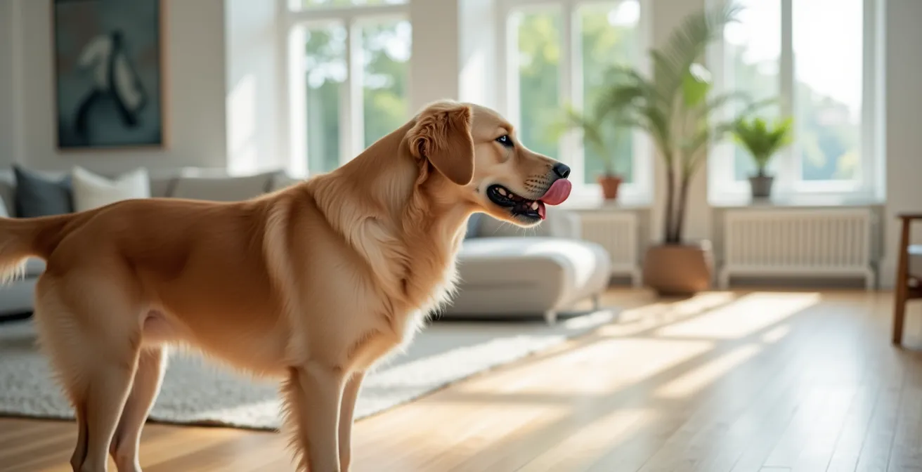 Seitenprofil eines Hundes beim Nasenlecken in entspannter Umgebung, ein klassisches Mikrosignal