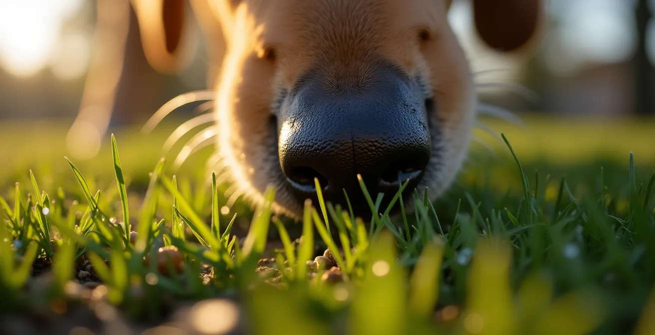 Hund bei konzentrierter Nasenarbeit im deutschen Stadtpark mit versteckten Leckerlis
