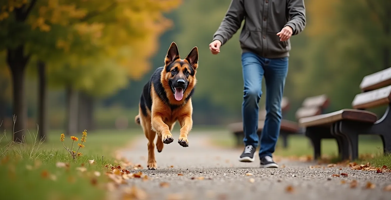 Ein Deutscher Schäferhund kehrt auf den Ruf seines Besitzers in einem deutschen Park freudig zurück.