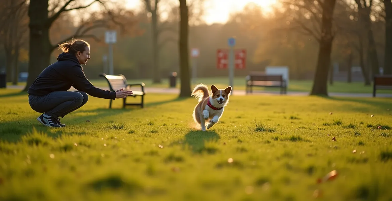 Hund läuft freudig auf seinen Besitzer zu während des Rückruftrainings im Park