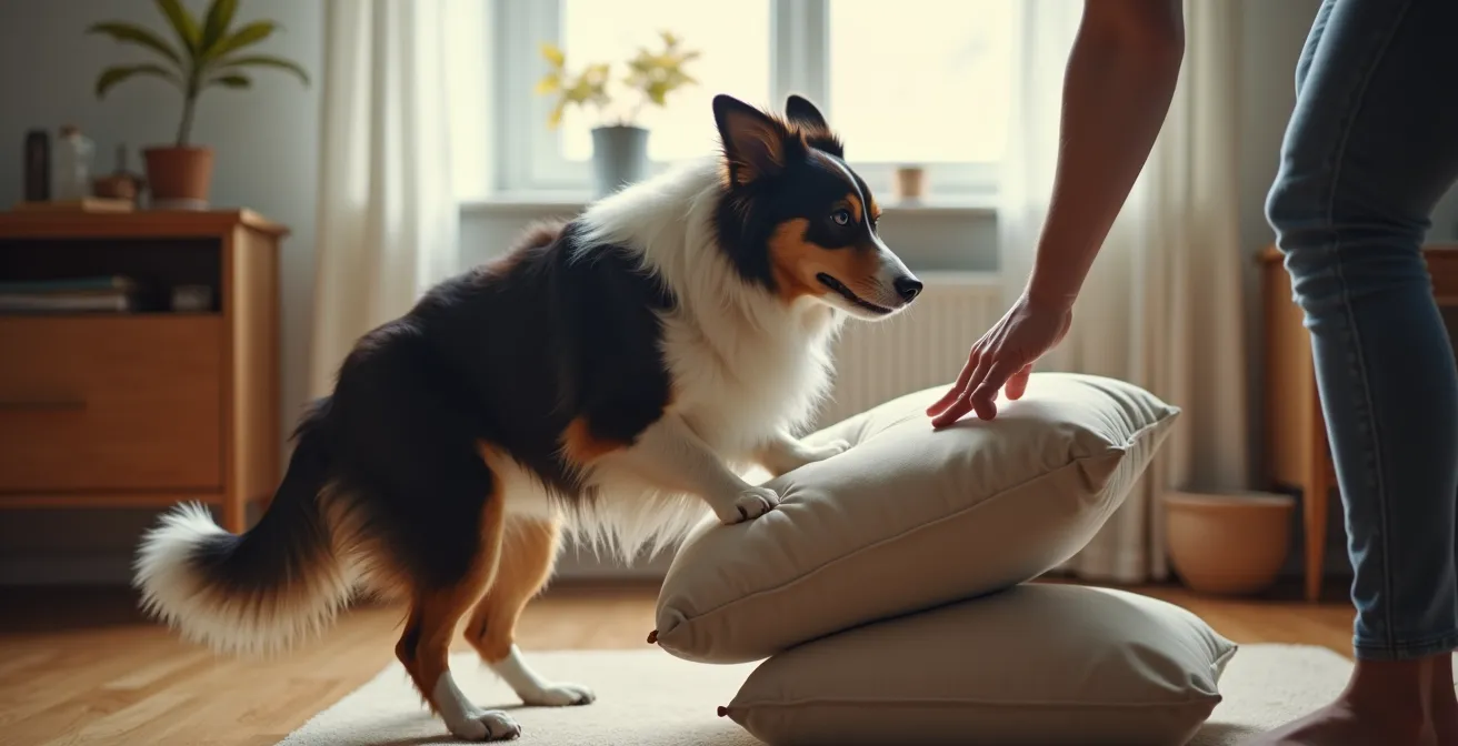 Ein Border Collie balanciert konzentriert auf umgedrehten Kissen in einem Wohnzimmer und zeigt dabei intensive Konzentration.