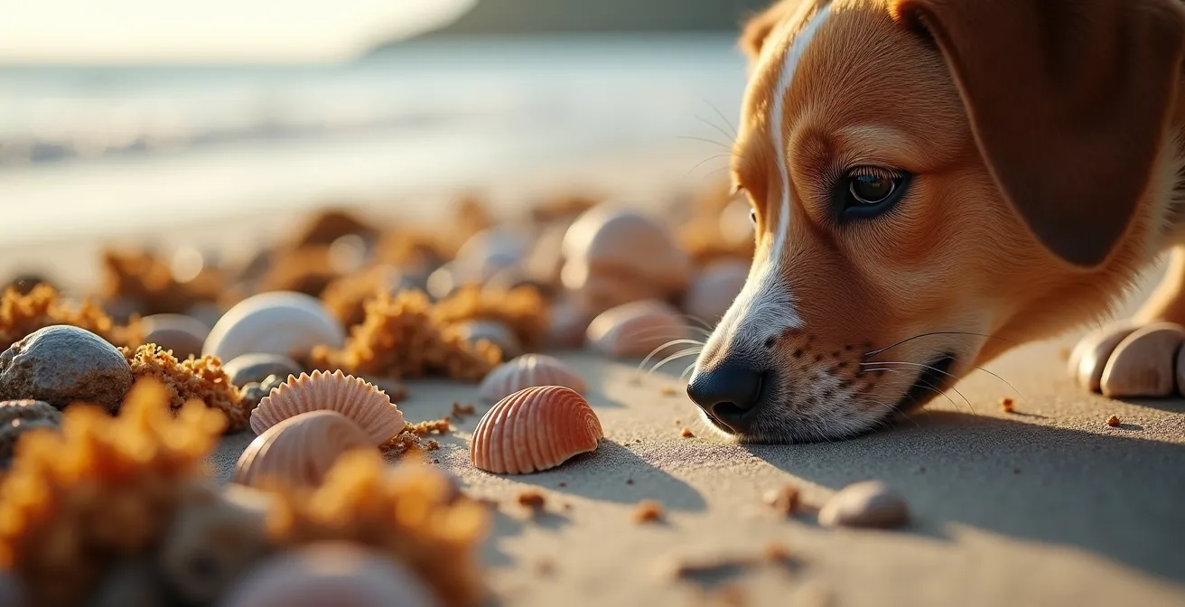 Ein Hund erkundet neugierig mit der Nase den Sand an einem Strand, umgeben von Muscheln und Treibholz.
