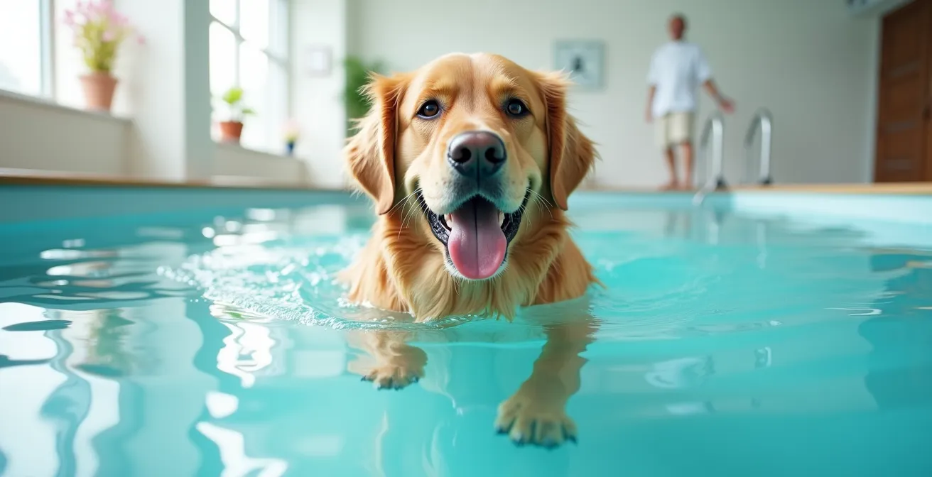 Übergewichtiger Hund schwimmt entspannt in einem Therapiebecken mit türkisblauem Wasser