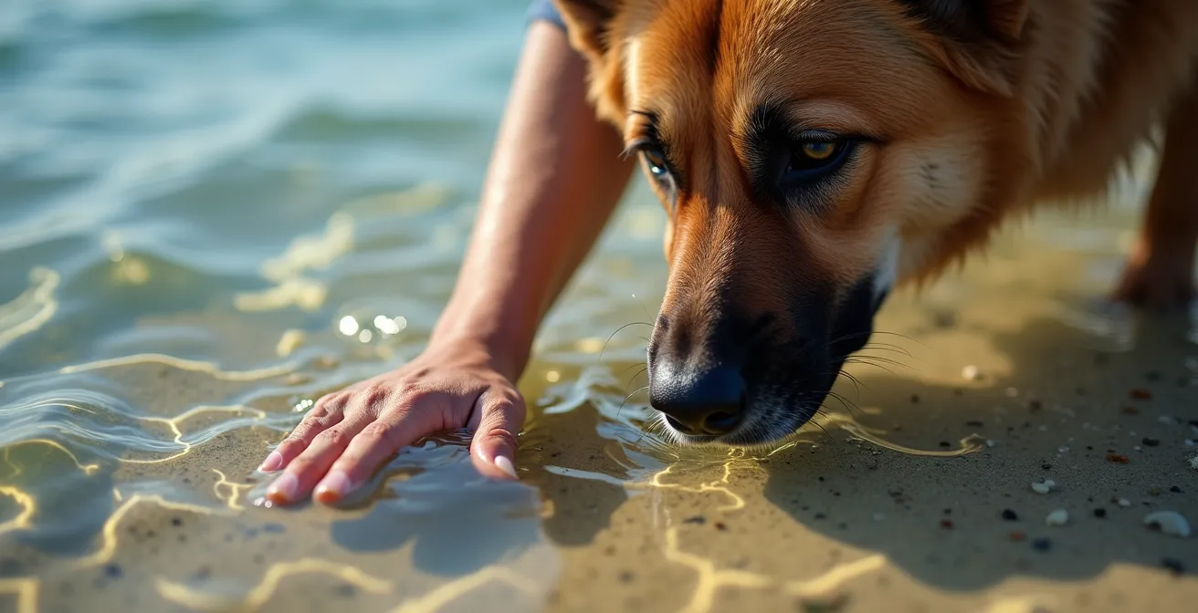 Hundebesitzer prüft vorsichtig die Wasserqualität eines deutschen Sees während sein Schäferhund wartet