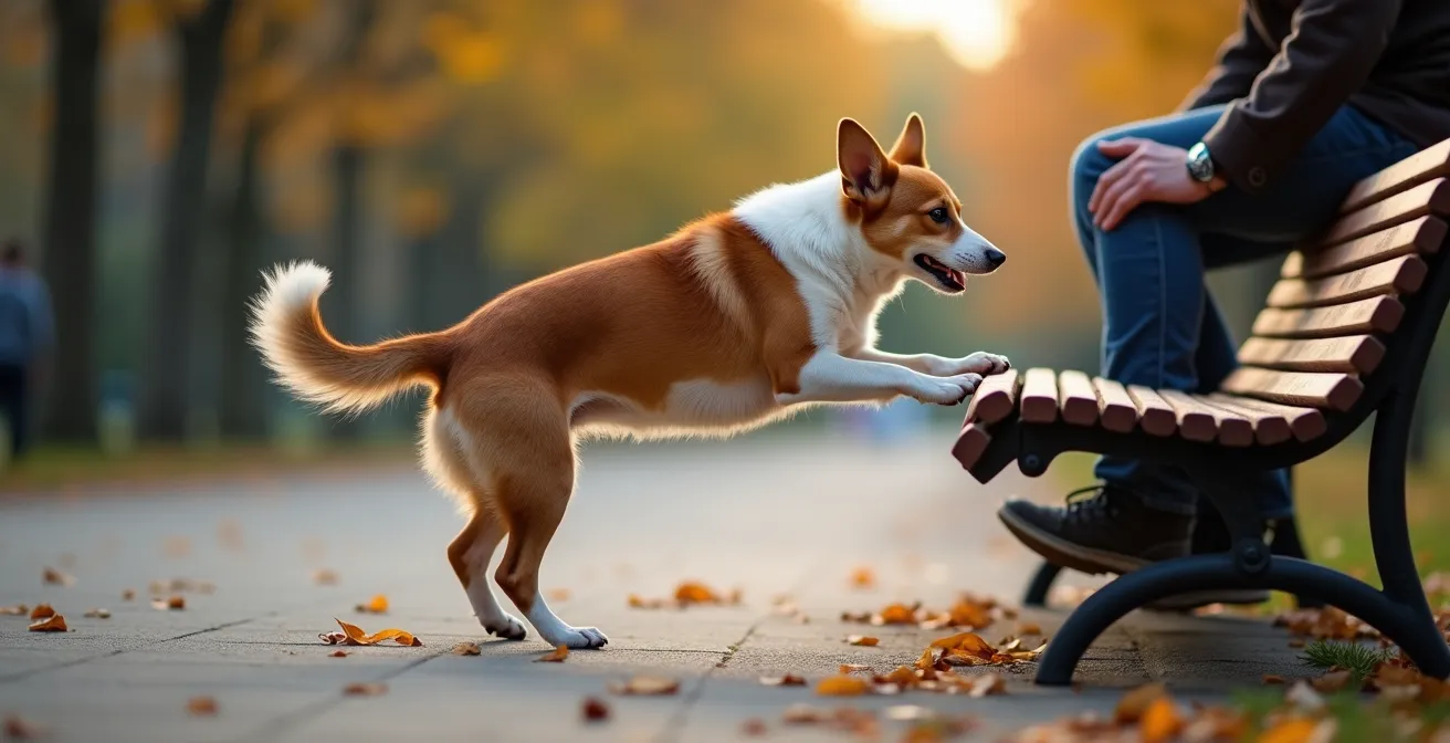 Hund balanciert über eine Parkbank während eines Stadtspaziergangs