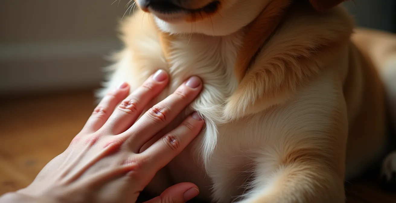 Nahaufnahme einer Hand, die sanft den Brustbereich eines entspannten Hundes streichelt