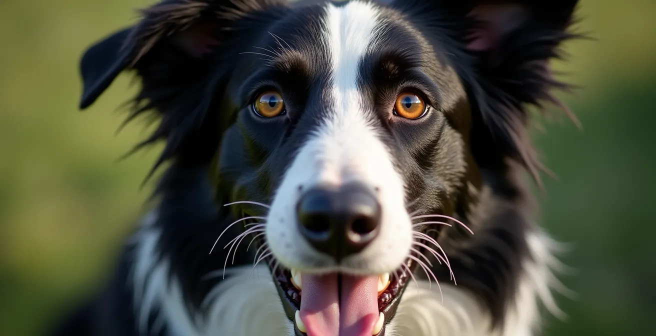 Nahaufnahme eines gestressten Hundes mit sichtbaren Stresssignalen während einer Trainingseinheit