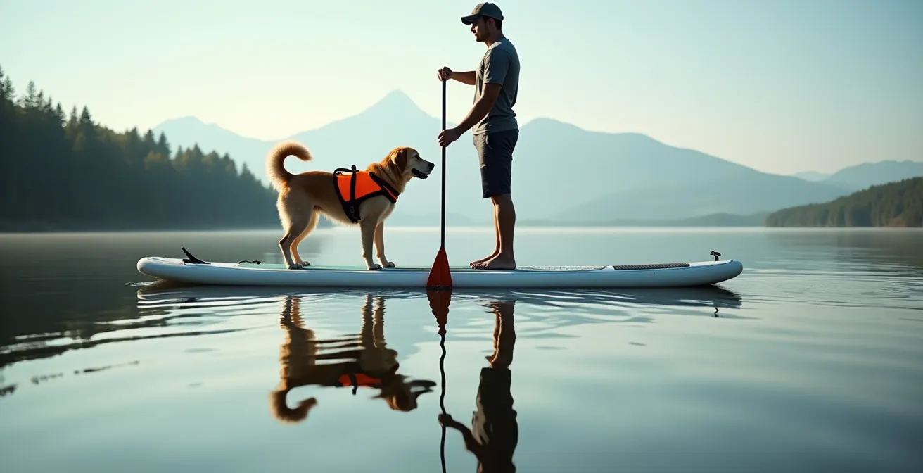 Golden Retriever steht sicher auf Stand-Up-Paddle Board auf ruhigem deutschen See