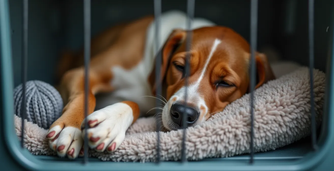 Ein Hund liegt entspannt in seiner offenen Transportbox, die mit einer weichen Decke und Spielzeug ausgelegt ist.