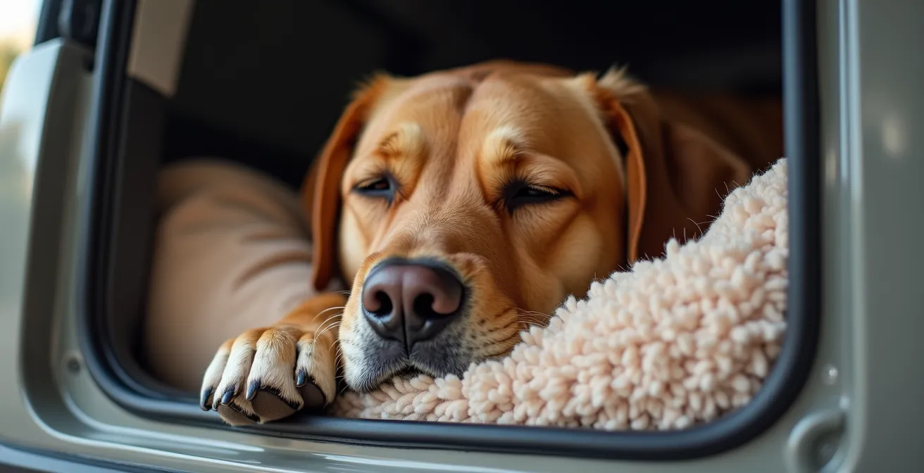 Entspannter Hund ruht gemütlich in offener Transportbox mit Decke und Spielzeug