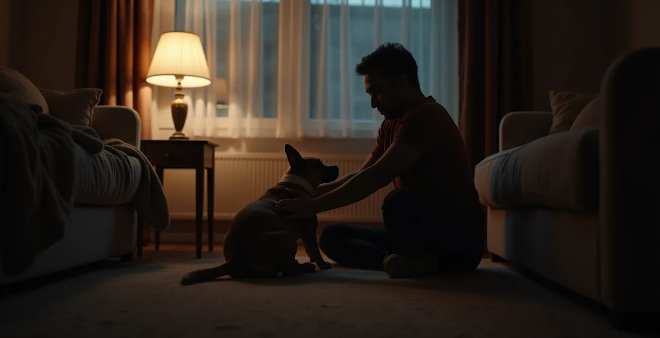 Ruhige Präsenz zwischen Mensch und Hund während stressiger Situation