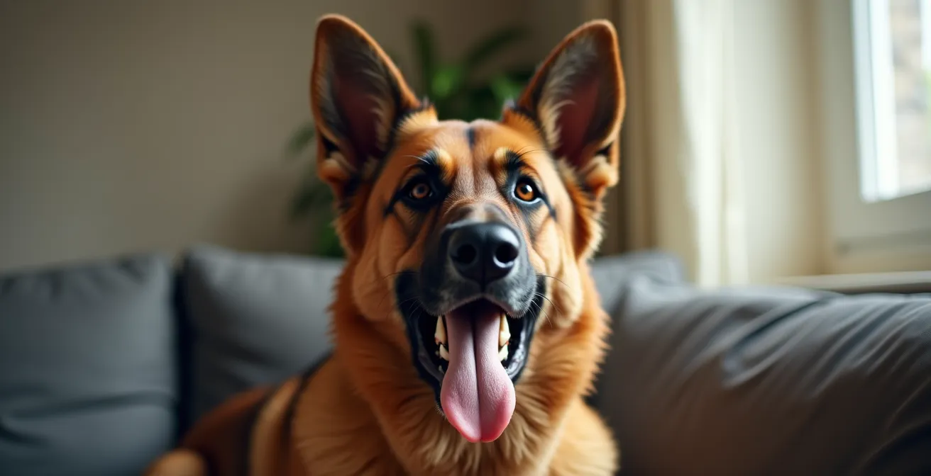 Ein Hund zeigt typische Beschwichtigungssignale wie Gähnen, was auf leichten Stress oder Unbehagen hindeutet.