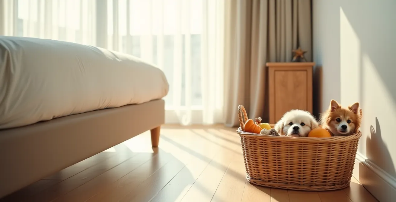 Ein liebevoll arrangierter Willkommenskorb mit Hundeleckerlis und Spielzeug in einer hellen, sauberen Hotelzimmerecke.