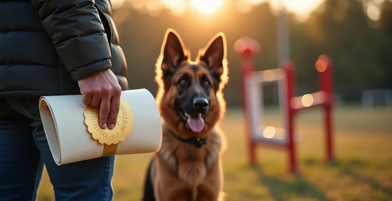Hundehalter mit Zertifikat und Hund in typisch deutscher Trainingsumgebung