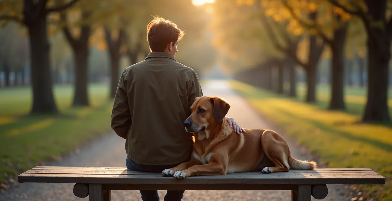 Ruhiger Moment zwischen Mensch und Hund auf einer Parkbank, beide schauen nachdenklich in die Ferne