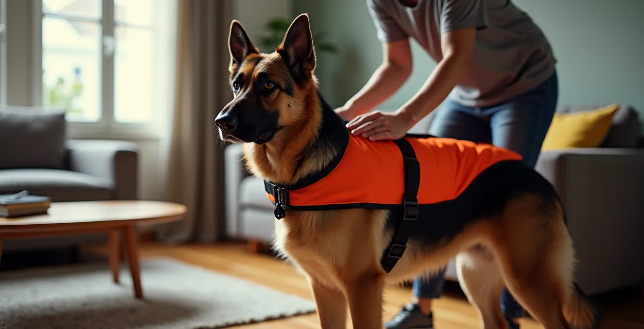 Besitzer prüft die Passform einer orangefarbenen Schwimmweste an einem stehenden Hund im Wohnzimmer.