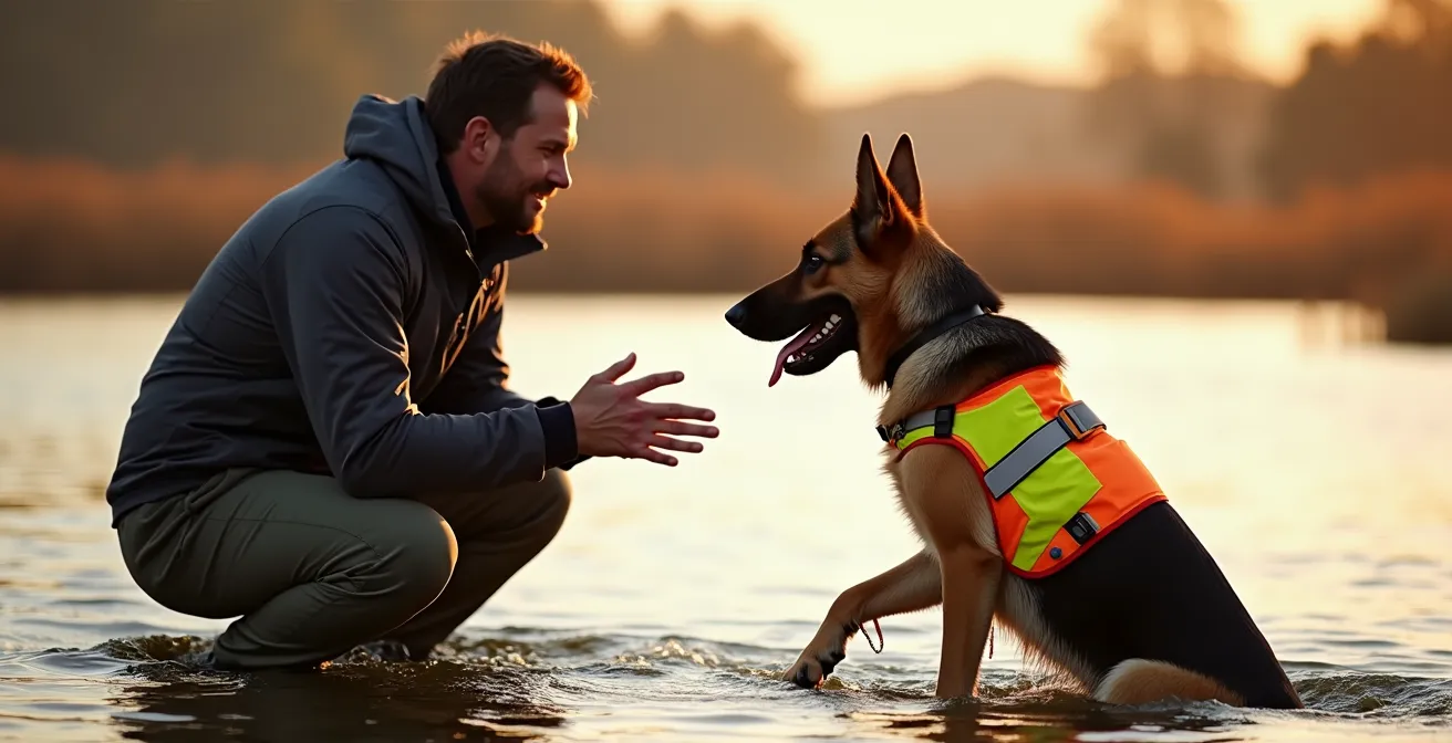 Hundetrainer zeigt einem ängstlichen Hund im flachen Wasser erste Schwimmübungen mit Schwimmweste