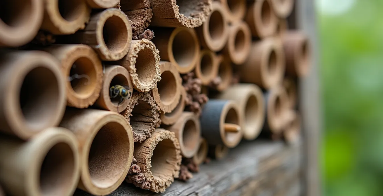 Detailaufnahme verschiedener Nisthilfen für Wildbienen und andere Nützlinge im deutschen Naturgarten
