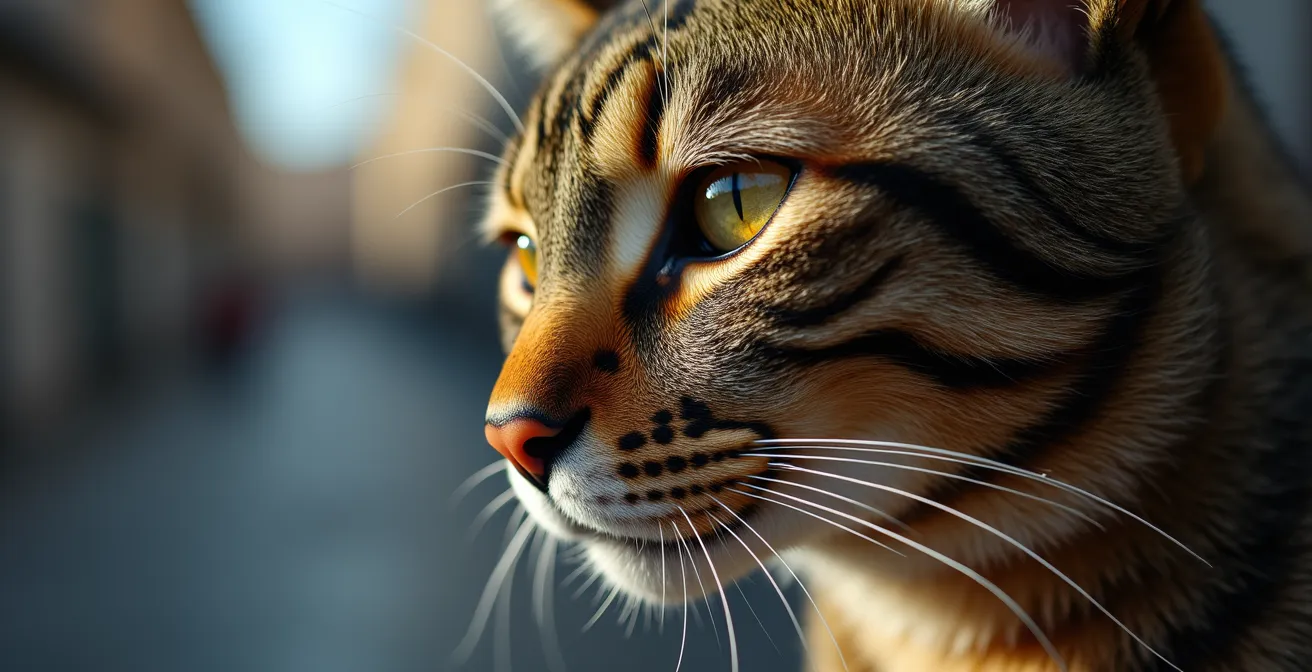 Eine Streunerkatze mit ernstem Blick, die die dringende Notwendigkeit einer bundesweiten Kastrationspflicht symbolisiert.