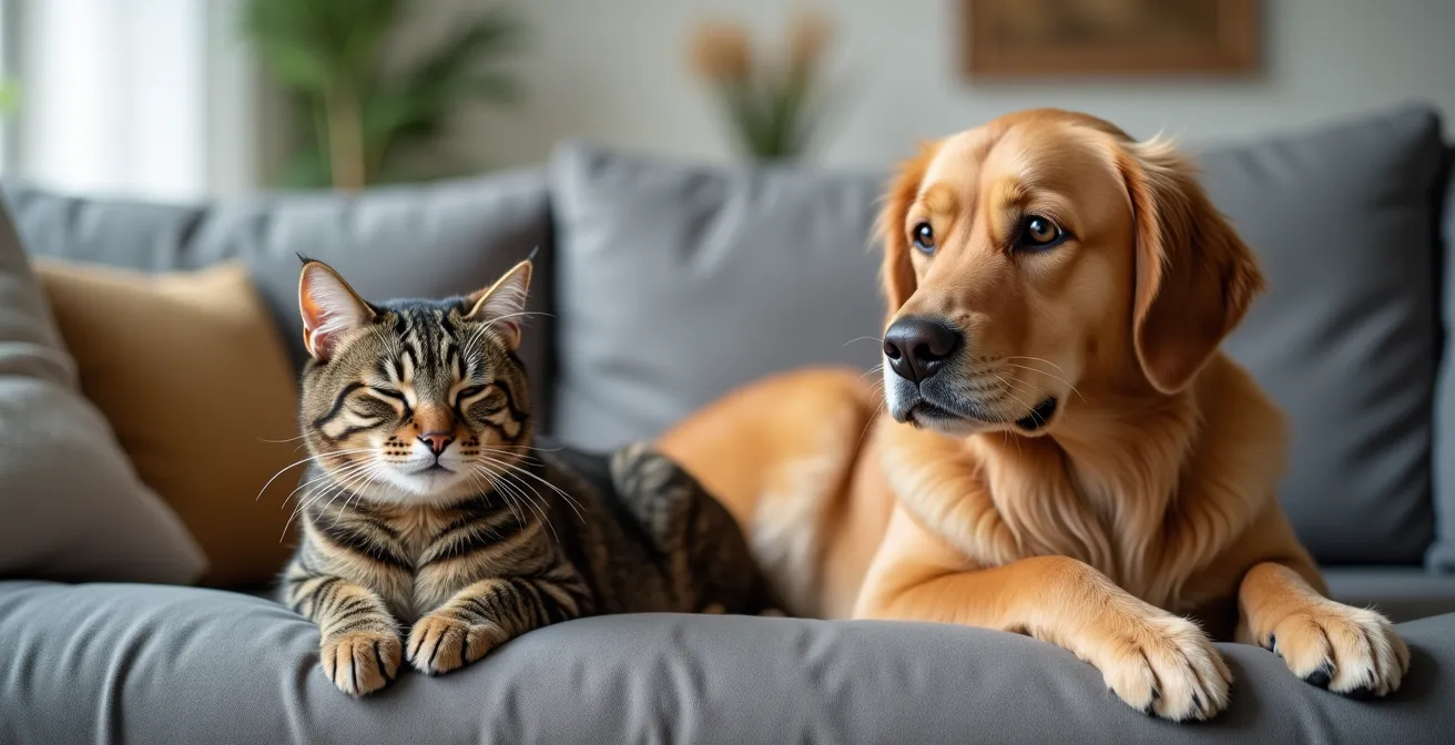 Katze und Hund liegen entspannt nebeneinander auf einem Sofa, beide mit ruhiger Körperhaltung