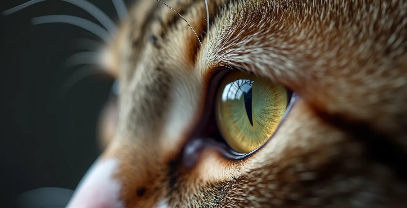 Makroaufnahme eines Katzenauges mit geweiteter Pupille und angelegtem Ohr als Zeichen von Unwohlsein